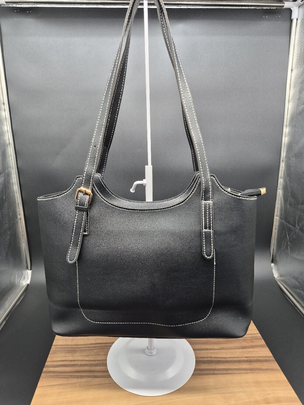 Black Women's Tote Bag with Contrast Stitching, Zip Closure, 14×8×3, New
